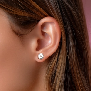 Close-up of circular S925 silver stud earring with star motif and micro-set zirconia
