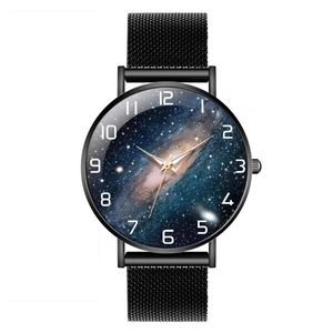 Luminous quartz watch for men with black mesh strap and starry sky dial on white background