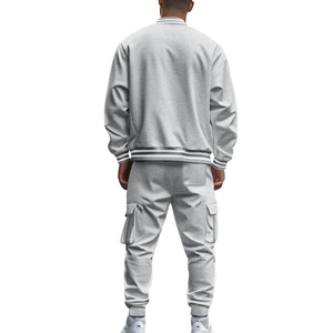Rear view of grey men's tracksuit featuring baseball collar jacket and cargo jogger pants