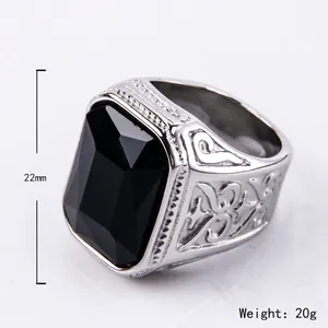 Mens vintage stainless steel ring with rectangle black gemstone, 22mm height and 20g weight