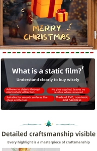 Detailed view of golden Christmas gift box static stickers for glass window holiday decor