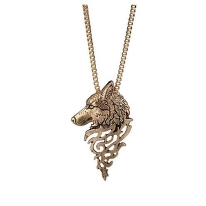 Collier tête de loup vintage en bronze avec motifs de flammes tribales et chaîne