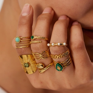 18K gold plated stainless steel ring set with natural malachite and pearls for women