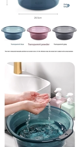 Detail of 26.5cm plastic basin showing multiple colors and bathroom usage scenarios