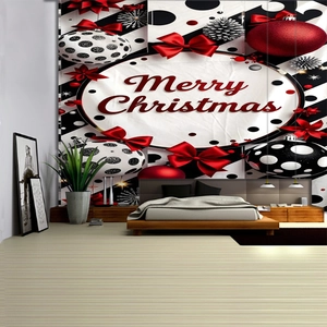 Detailed close-up of a Christmas wall tapestry featuring Merry Christmas text and red bows