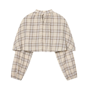 Plaid cropped long sleeve blouse for women with layered ruffle detail in beige and grey