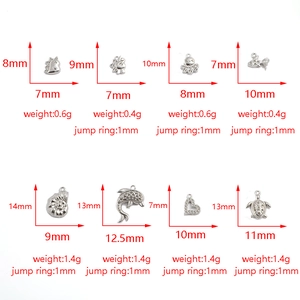 Polished stainless steel animal and sea life charms with detailed size and weight specs