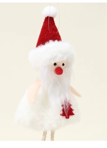 Close-up of red and white plush Santa Claus ornament with soft texture and hanging string