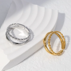 Minimalist double-layered stainless steel open ring with gold and silver wave bead designs