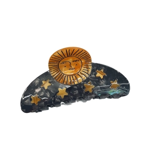 Vintage Himmels-Haarklammer aus Acetat mit Sonne, Mond und gelben Stern-Mustern