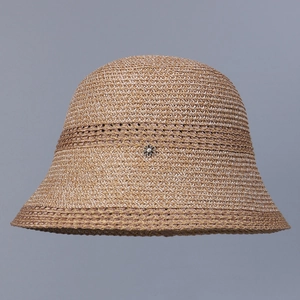 Women's foldable khaki cloche hat with pearl flower pin for sun protection and summer style