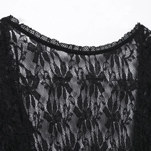 Elegant black lace maxi dress with intricate floral embroidery and scalloped neckline