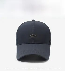 Detail view of charcoal grey baseball cap with mountain logo and SPORT embroidery