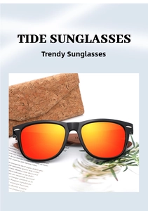 Close-up of polarized sunglasses with orange mirror lenses and cork textured case