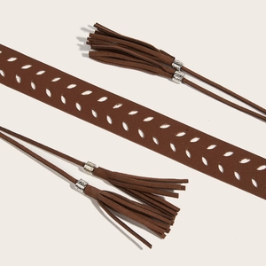 Vintage style brown PU leather belt with leaf cutouts and long double tassels details