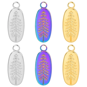 Stainless Steel Tree Pendant Necklace For Women Oval Pine Tree Relief Charm Gold Silver Iridescent DIY Jewelry Gift