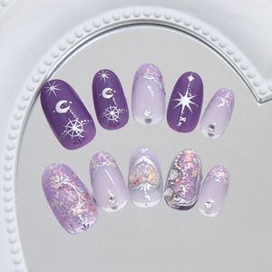 Deep purple starry sky press-on nails with 3D heart crystals and silver moon patterns