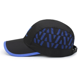 Black and blue quick-dry baseball cap with V embroidery and breathable mesh side panels