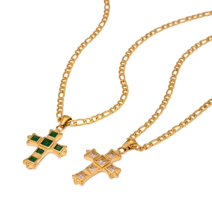 Square Zircon Cross Pendant Necklace 18K Gold Plated Stainless Steel Layered Figaro Chain For Women Jewelry Gift