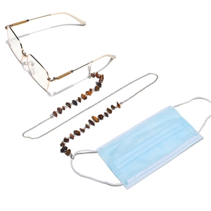 Tiger eye stone chain with silver links for glasses and face masks on white background