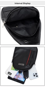 Detailed view of the black leather chest bag interior showing large storage capacity