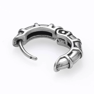 Punk style stainless steel hoop earring with vintage silver finish and rib texture