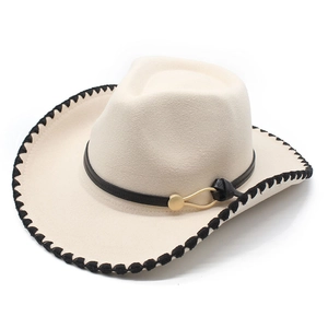 Detail of western fedora hat with black stitched edge and leather belt with gold buckle
