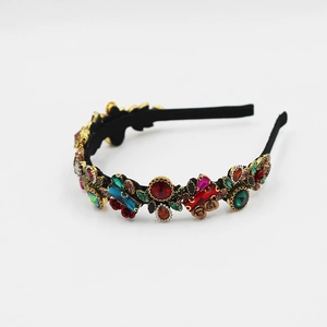 Elegant Baroque headband with colorful rhinestones and metal flowers for women's party