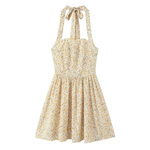 Robe dos nu fleurie jaune avec nœud au dos et ourlet à volants pour l'été