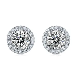 Elegant S925 sterling silver halo stud earrings featuring round cubic zirconia diamonds