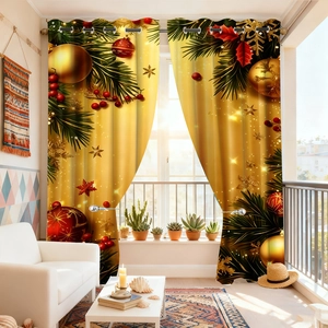 Detail of festive Christmas eyelet curtain with gold ornaments and snowflake prints