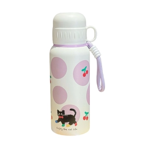 Portable stainless steel insulated bottle with cute cartoon cat pattern and carrying strap