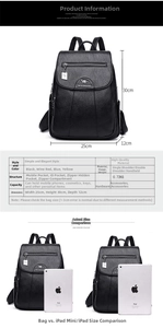 Detailed size chart of black sheepskin backpack showing 25x30x12cm dimensions and weight