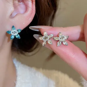 Elegant Five Petal Flower Stud Earrings With Zircon Crystals And 925 Sterling Silver Earring Post For Women