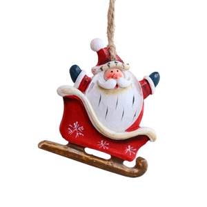 Resin Santa Claus on sleigh Christmas tree hanging ornament with snowflake details