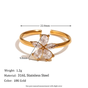 18K gold plated stainless steel open ring with a five-petal zircon flower design