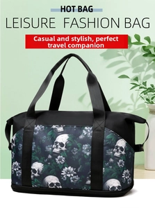 Elegante borsa da palestra capiente con stampa a teschi e fiori per viaggio e sport