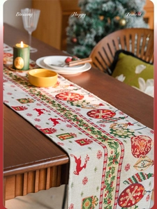 Close-up of vintage Christmas table runner featuring woven reindeer and snowflake patterns