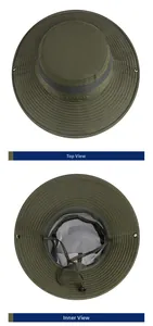 Detail of army green outdoor sun hat showing 360-degree breathable mesh and metal buttons