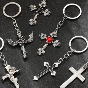 Gothic cross keychains set featuring rose and wings with black and red gems