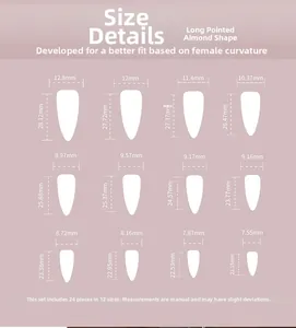 Detailed size chart for long almond press-on nails with 12 sizes and 24 pieces included