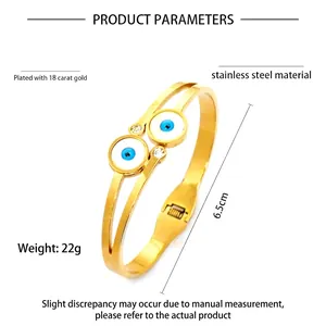 Gold plated stainless steel evil eye open bangle with 6.5cm inner diameter and double rings