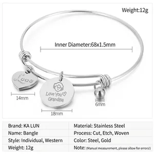 Detail showing adjustable stainless steel wire bracelet with Grandma heart charms