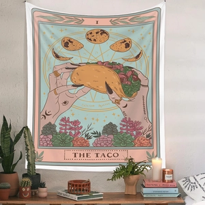Detail of bohemian Tarot tapestry hanging on wall with Taco theme and zodiac signs
