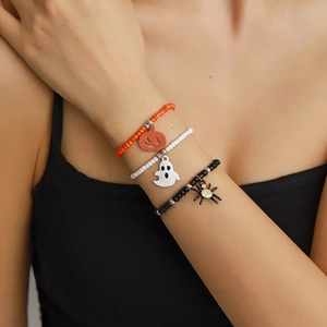 Halloween Beaded Bracelets Plastic Resin Beads Alloy Spider Ghost Pumpkin Pendants Gothic Funny Party Jewelry Women