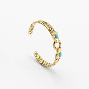 French vintage style golden snake head open bangle with turquoise stones and scale textures