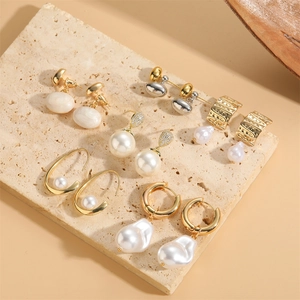 Baroque ABS Artificial Pearl Earrings 14K Gold Plated Copper Hoop Drop Zircon Irregular Retro Style For Women