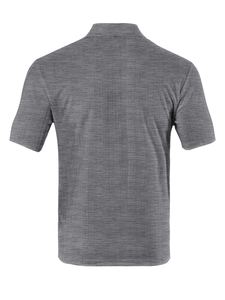 Rear view of grey short-sleeved polo shirt showing fine breathable knit texture