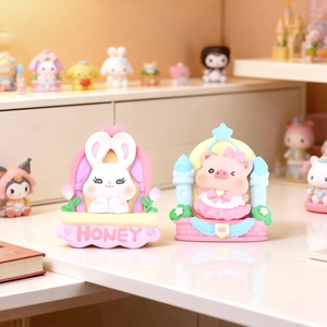 Cute cartoon resin figurines with bunny and pig designs in pastel macaron colors