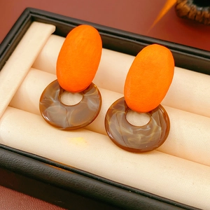 Detail view of orange oval wood and brown resin marble geometric earrings in a jewelry box